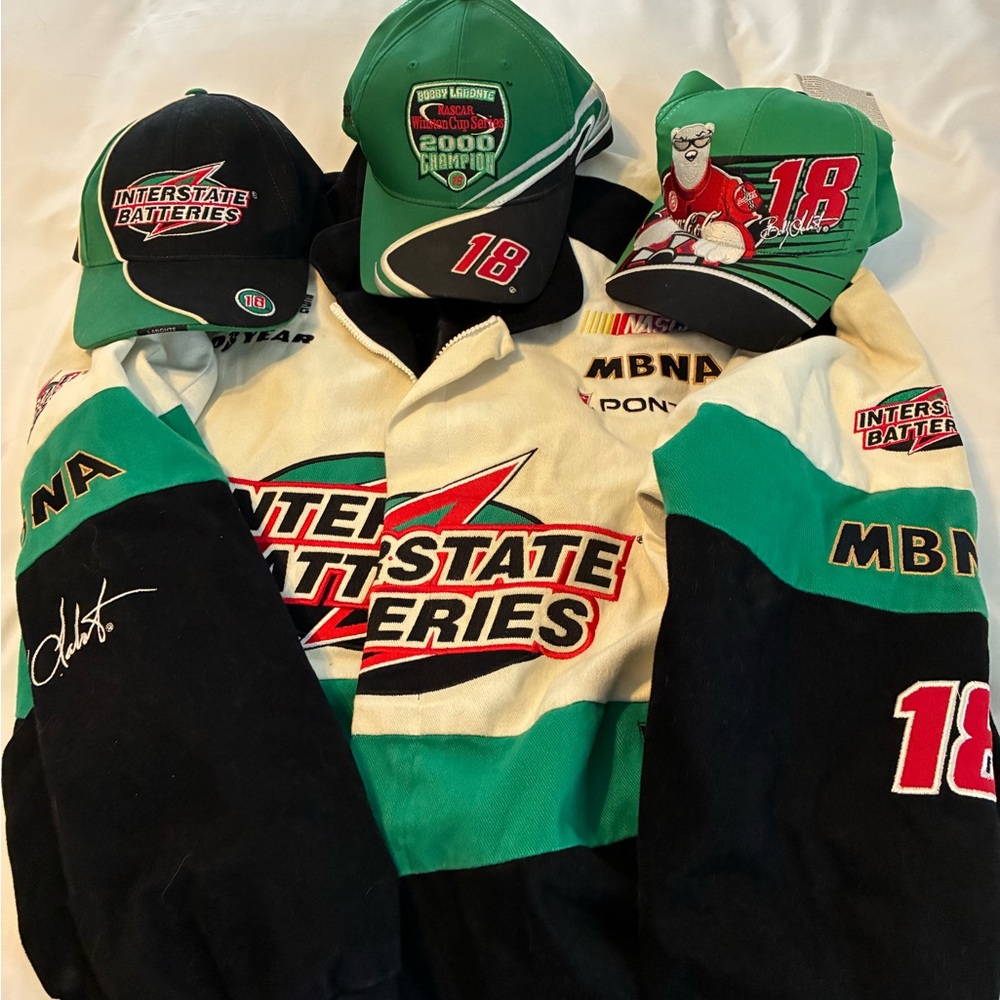Interstate Batteries Nascar Hall of Fame driver Bobby Labonte Jacket and hats.